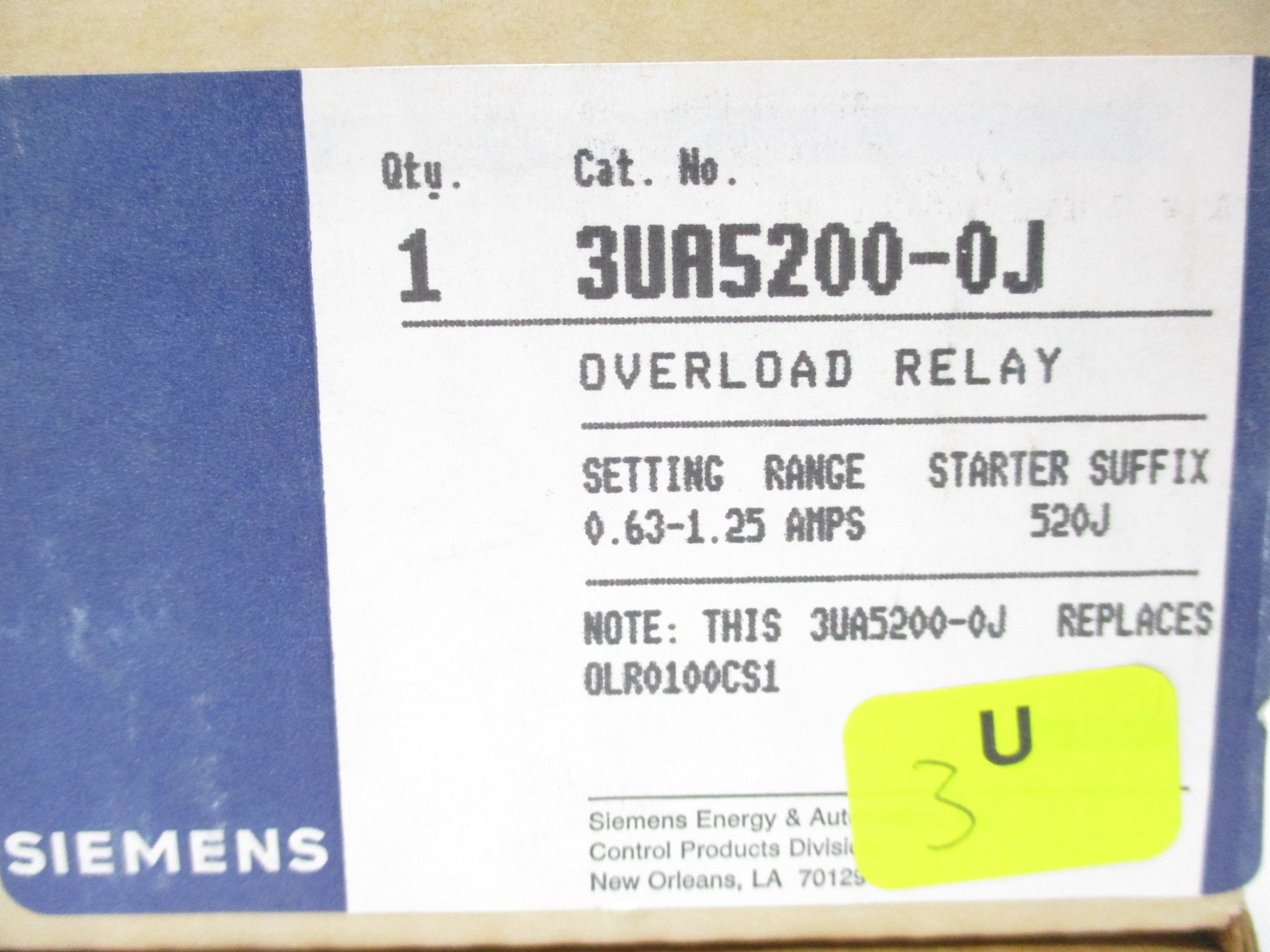 SIEMENS 3UA5200-0J 600VAC 0.63A-1A NSMP