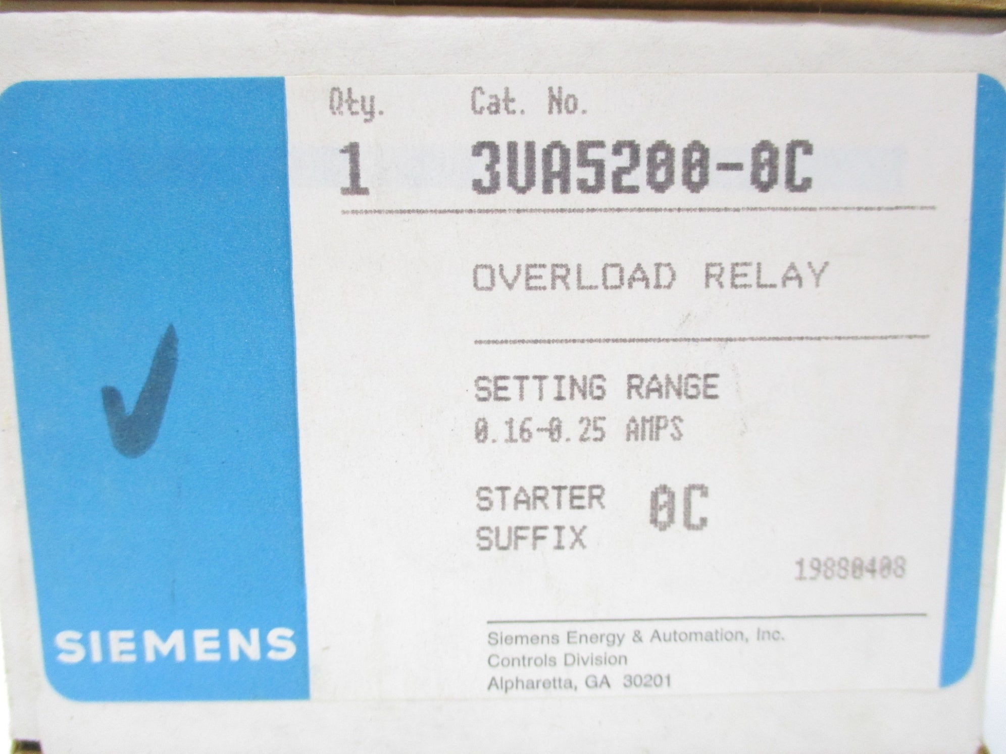 SIEMENS 3UA5200-0C 660V 0.16A-0.25A NSMP