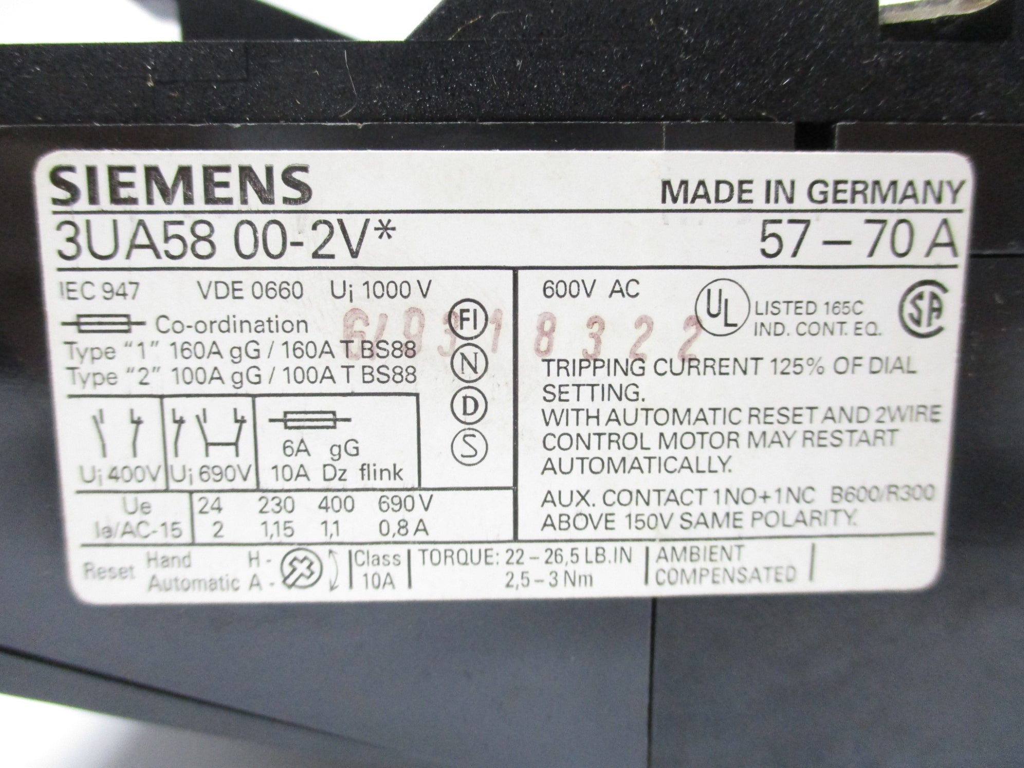 SIEMENS 3UA5800-2V 600VAC 57A-70A NSMP