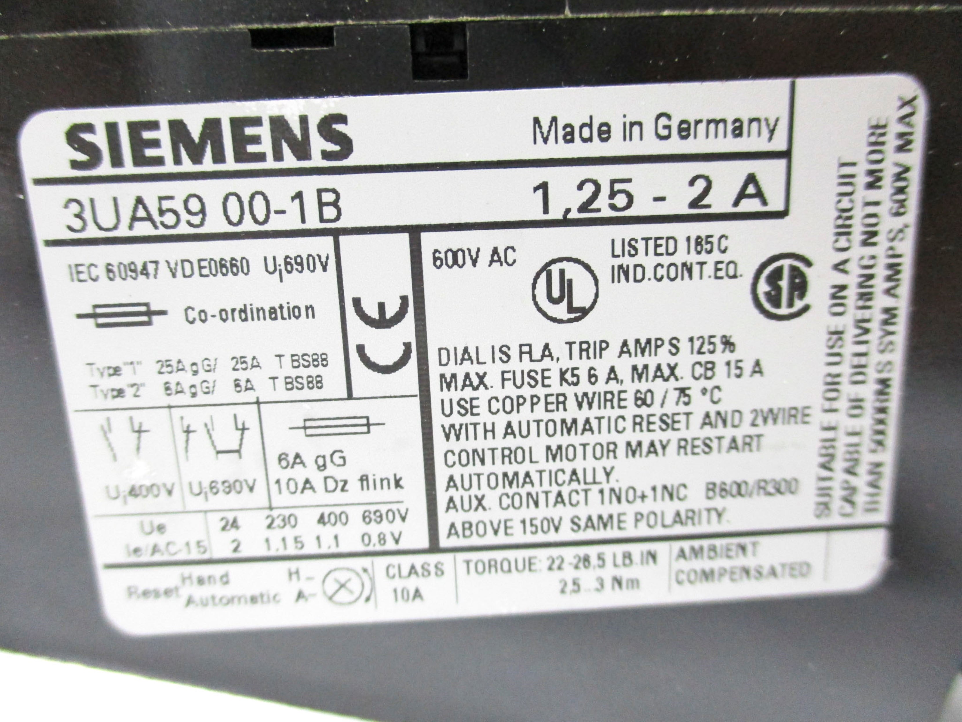 SIEMENS 3UA5900-1B 600V 1.25-2A NSMP