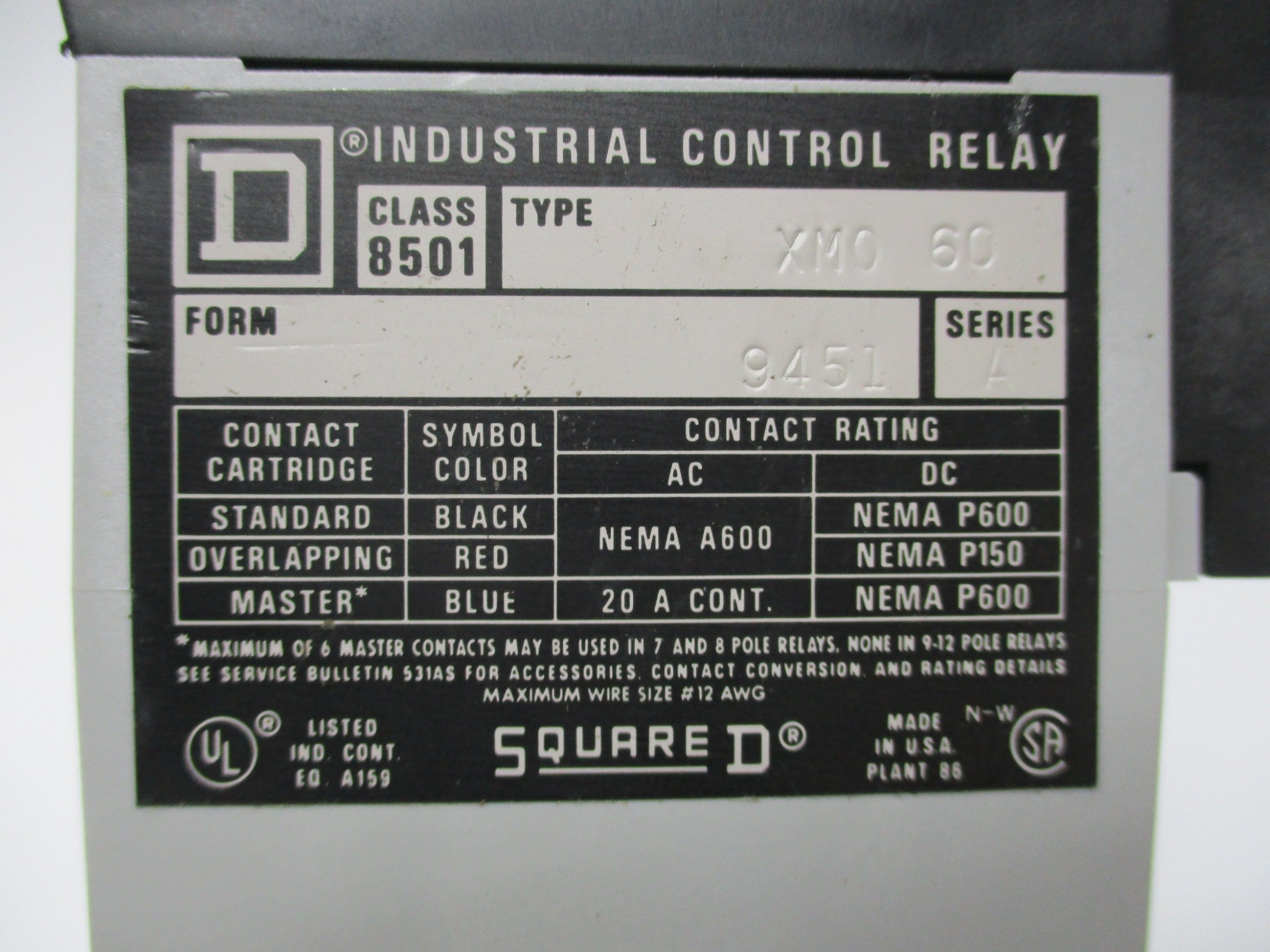 SQUARE D 8501XMO60V02 SER. A 110/120V NSNP