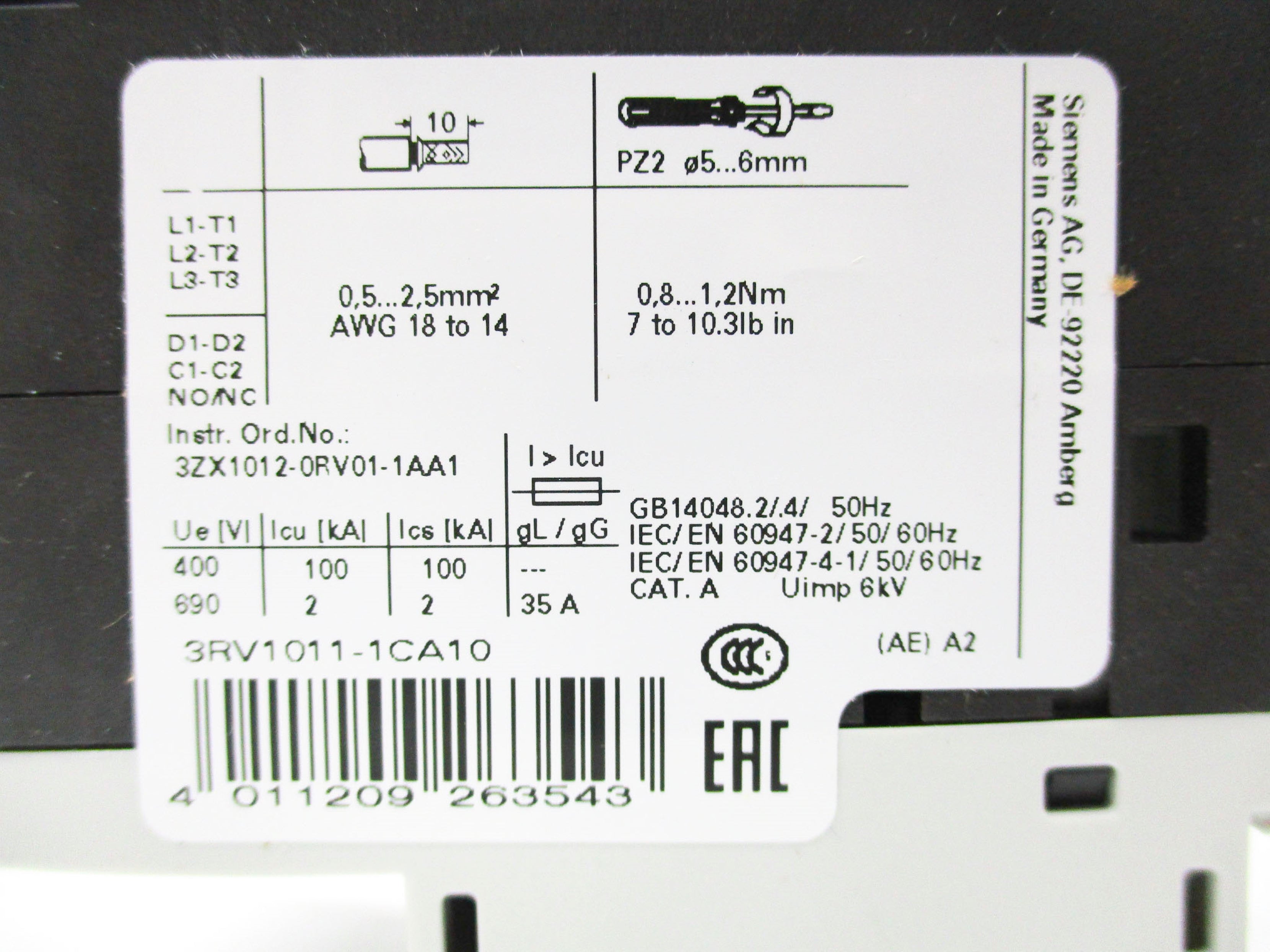 SIEMENS 3RV1011-1CA10 600V 1.8-2.5A NSMP