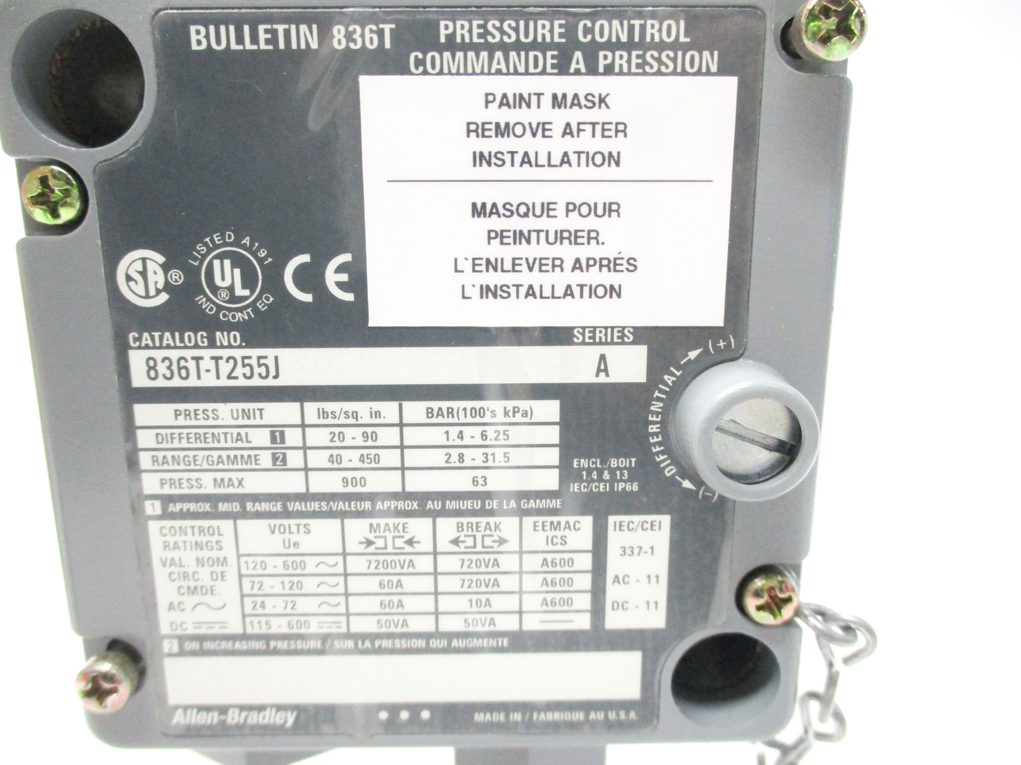 INDUSTRIAL SPARE PART 836T-T255J SER. A 120-600V 40-450PSI (BR/WH) NSMP