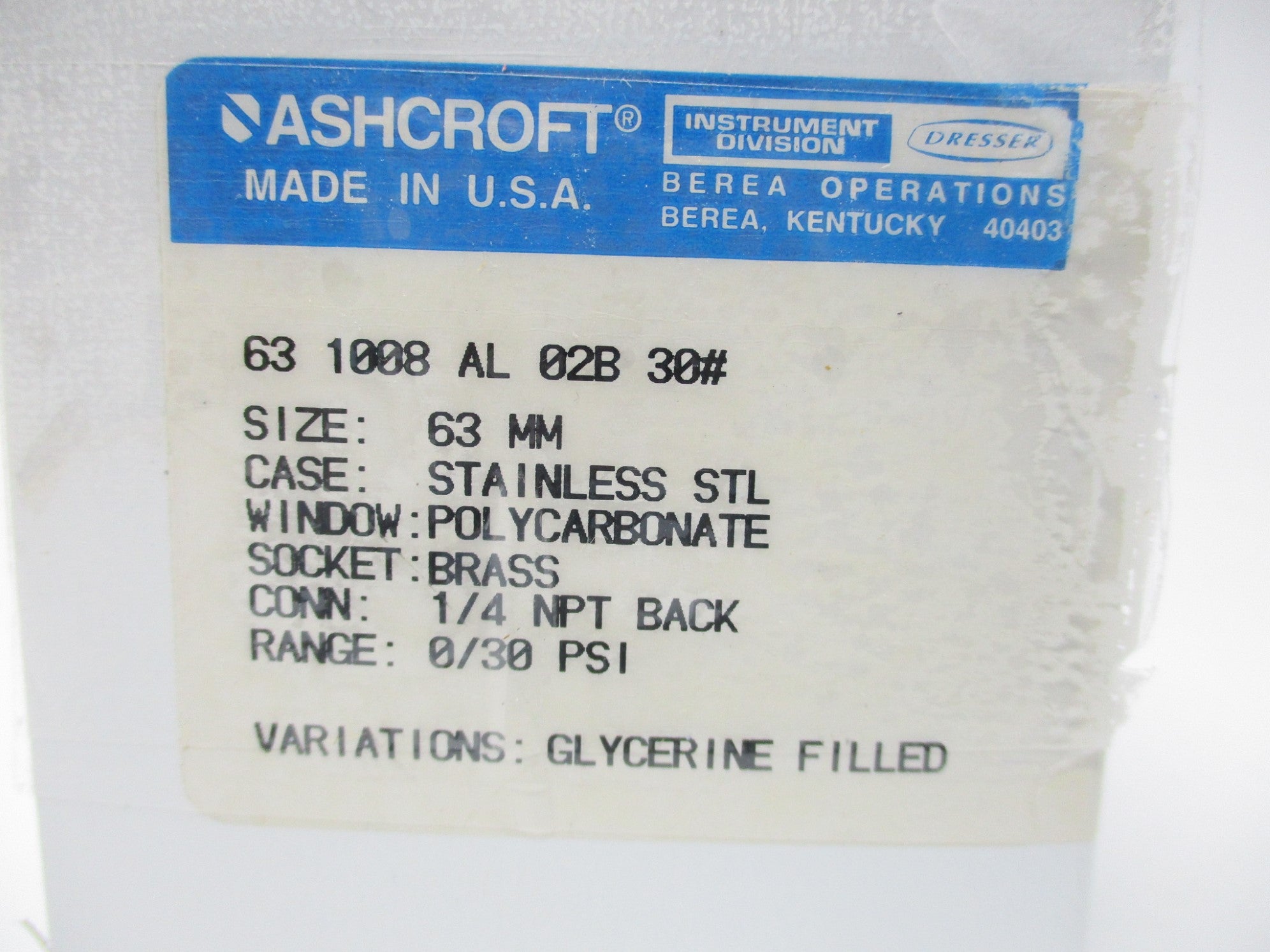 ASHCROFT 631008AL02B30# 0-30PSI 63MM NSMP