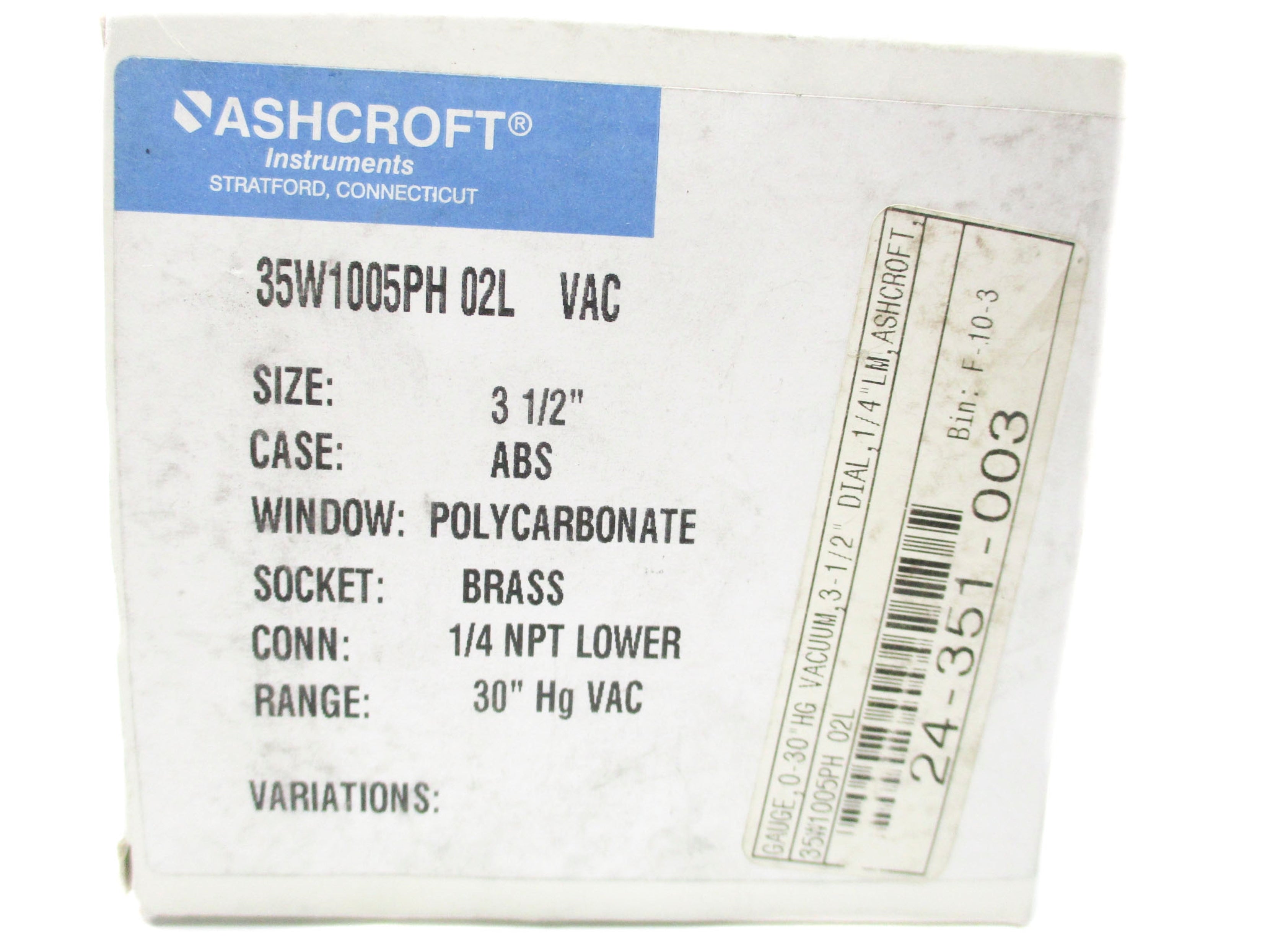 ASHCROFT 35W1005PH02LVAC 0-30HGVAC NSMP