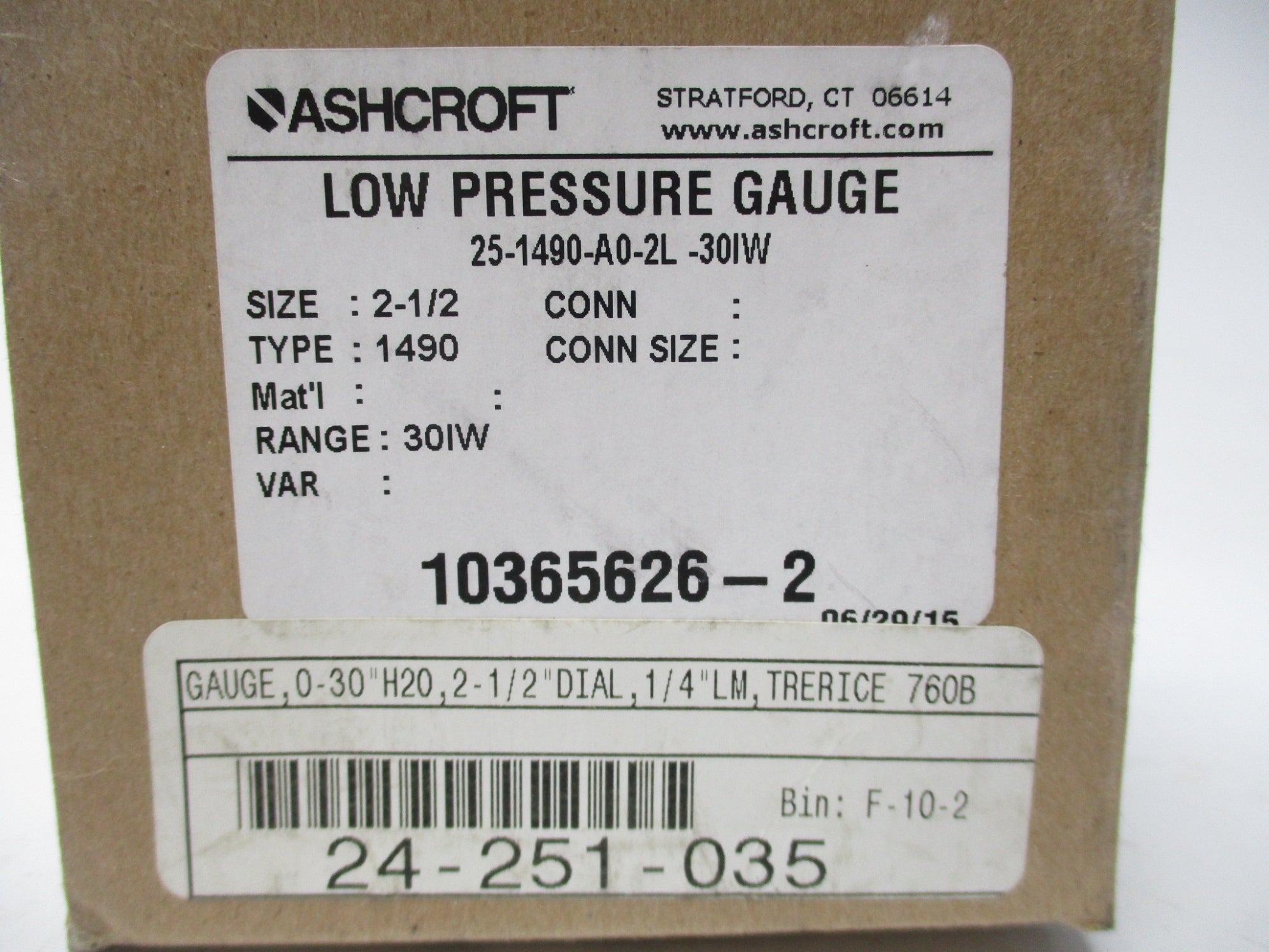 ASHCROFT 25-1490-A0-2L-30IW 0-30PSI NSMP