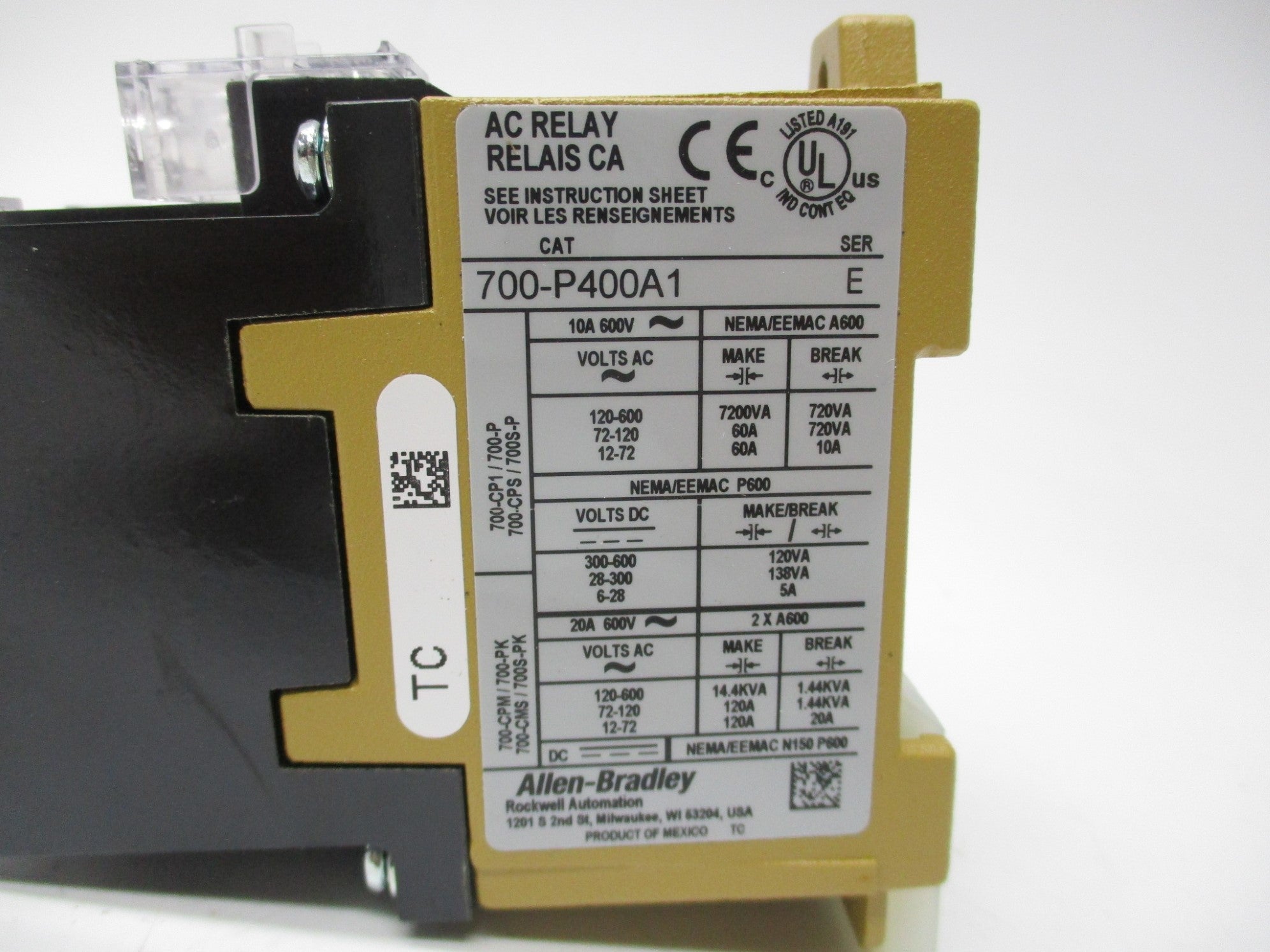 ALLEN BRADLEY 700-P400A1 SER. E 110/115-120V 60A NSNP