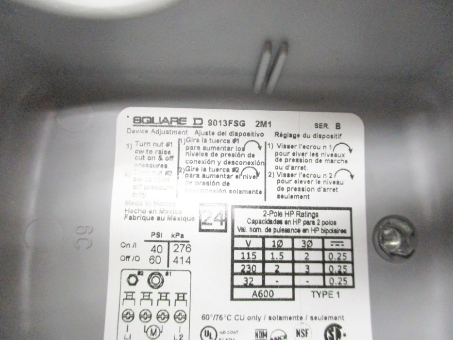 SQUARE D 9013FSG2M1 SER. B 40/60PSI NSNP