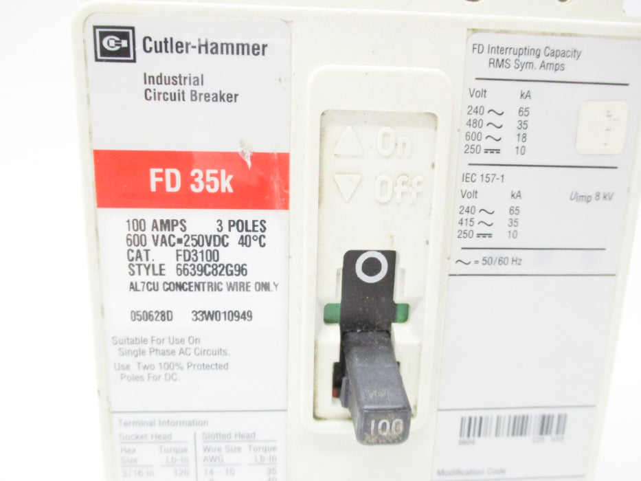 CUTLER HAMMER FD3100 6639C82G96 600VAC 100A NSNP