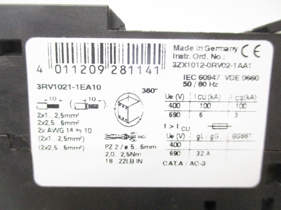 SIEMENS 3RV1021-1EA10 52A 690V UNMP