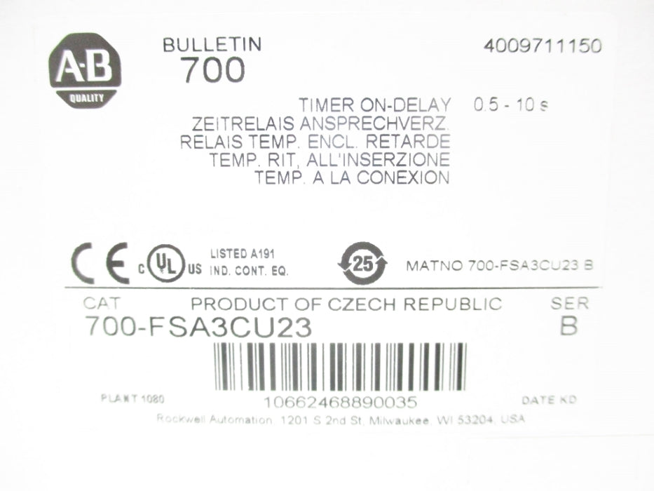 ALLEN BRADLEY 700-FSA3CU23 SER. B 24-240VAC 0.5-10S (WH) NSMP