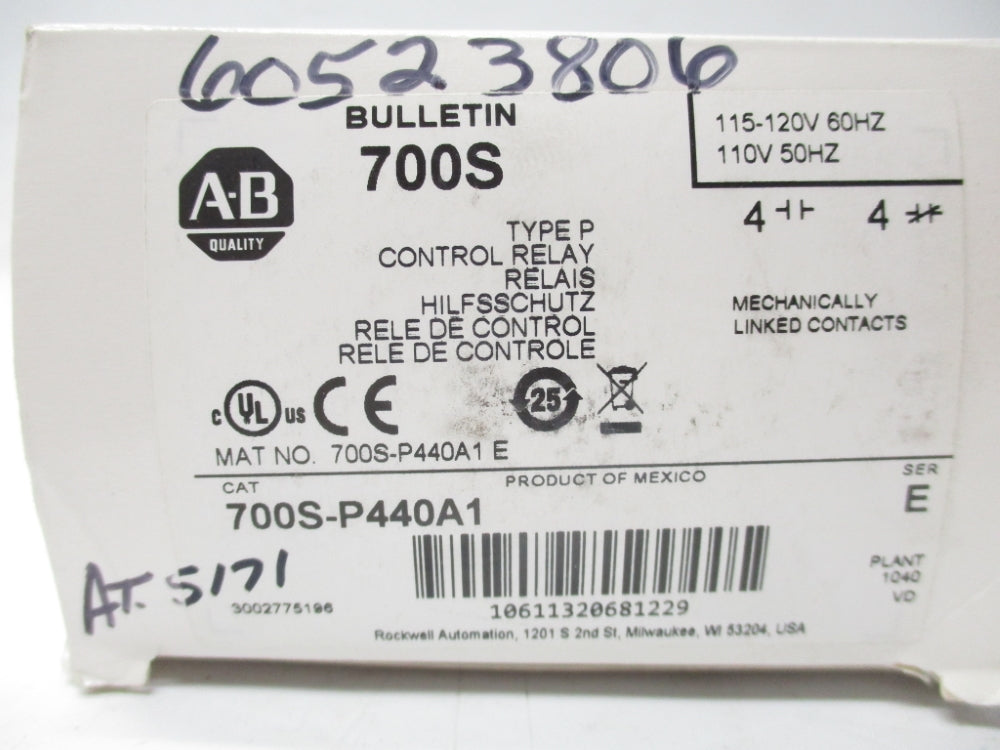 ALLEN BRADLEY 700S-P440A1 SER. E 110/115-120V (WH) NSMP