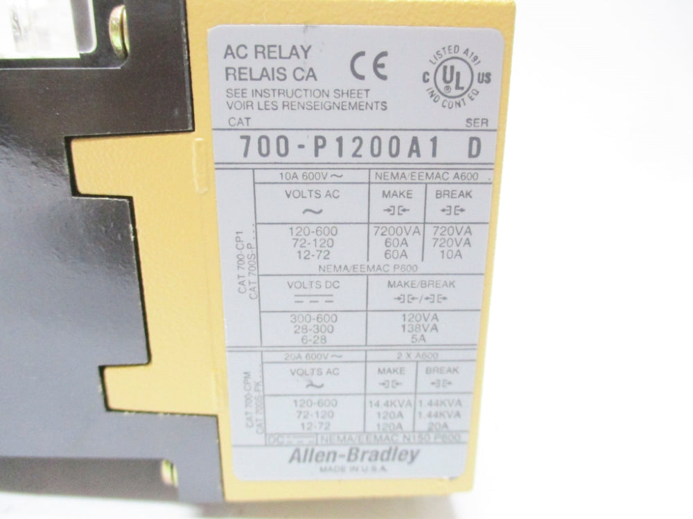 ALLEN BRADLEY 700-P1200A1 SER. D 110/115-120V 10A (WH) NSMP