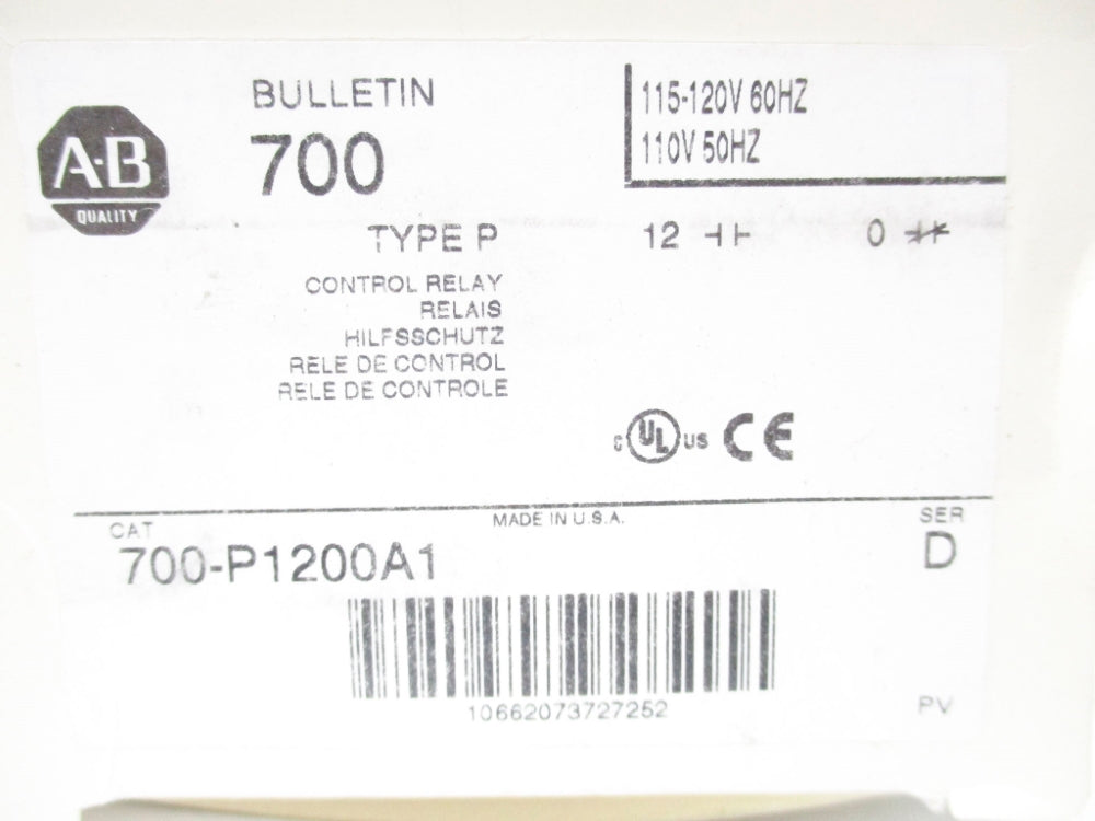 ALLEN BRADLEY 700-P1200A1 SER. D 110/115-120V 10A (WH) NSMP