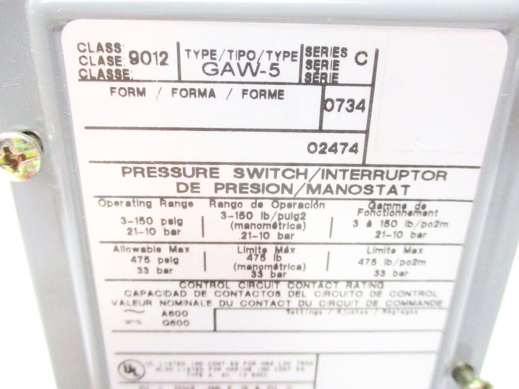 SQUARE D 9012GAW-5 SER. C 3-150PSI NSMP