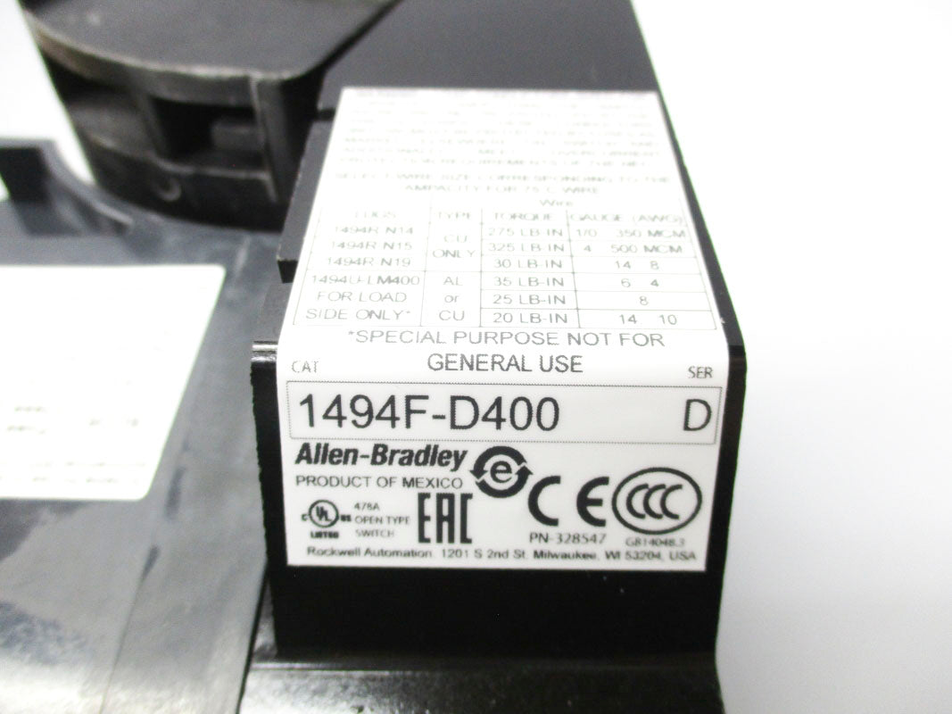 ALLEN BRADLEY 1494F-D400 SER. D 600VAC 400A NSNP