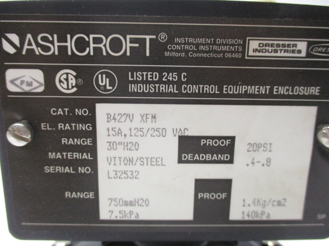ASHCROFT B427VXFM 250V 15A 20PSI UNMP