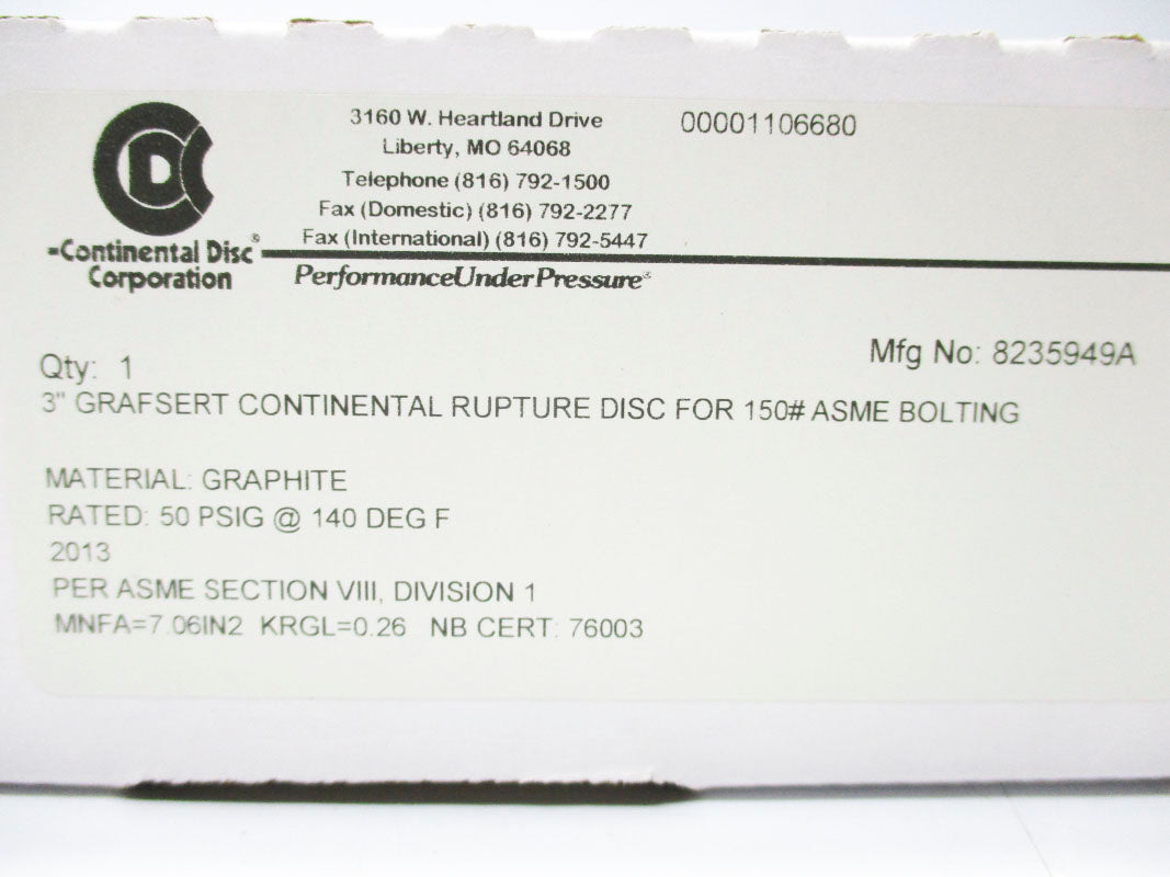 CONTINENTAL DISC 8235949A 50PSI 140'F NSMP