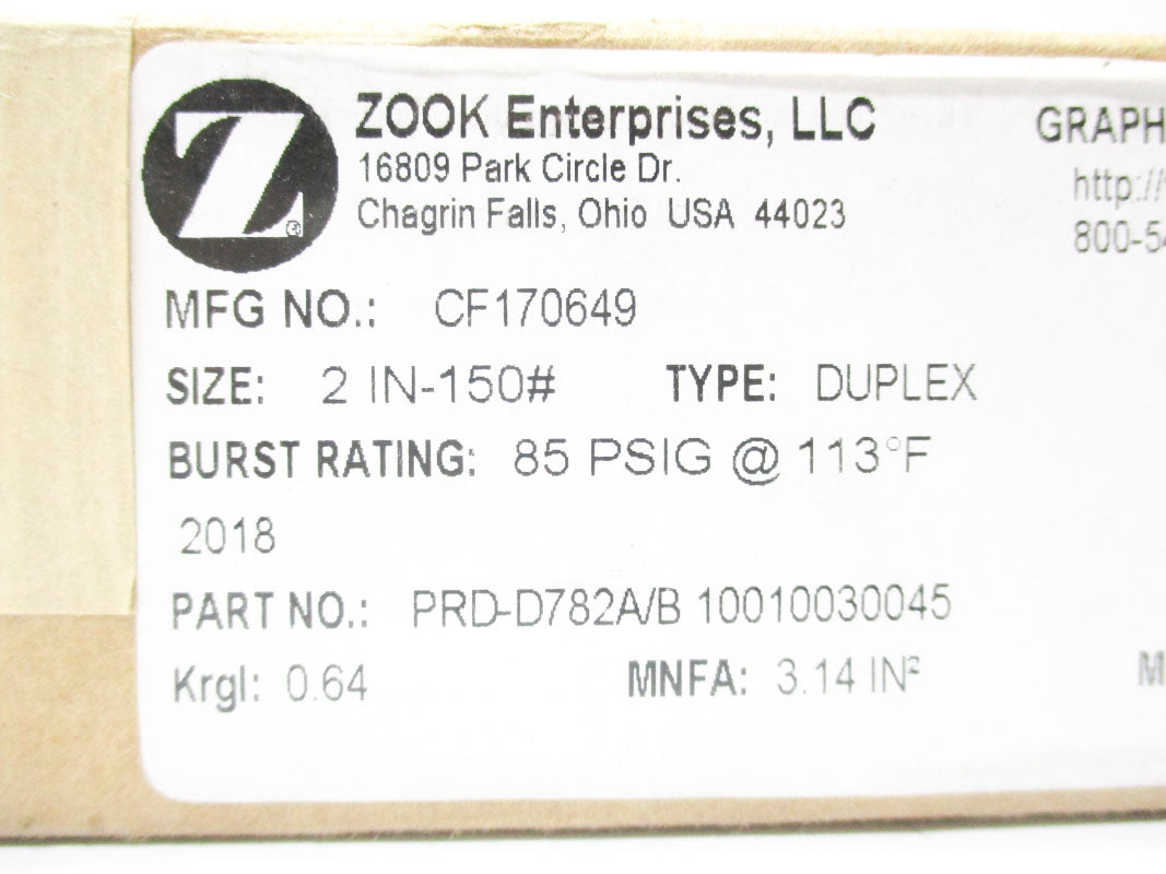 ZOOK ENTERPRISES CF170649 PRD-D782A/B 85PSI 2" NSMP