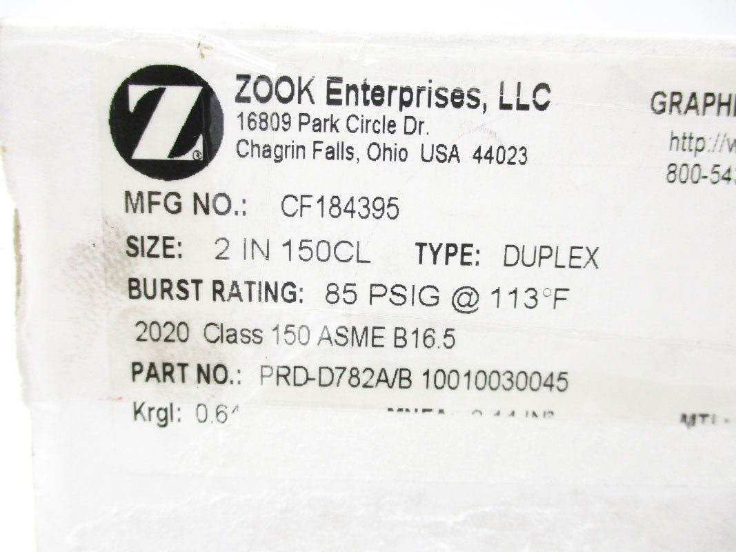 ZOOK ENTERPRISES CF184395 PRD-D782A/B 85PSI 2" NSMP