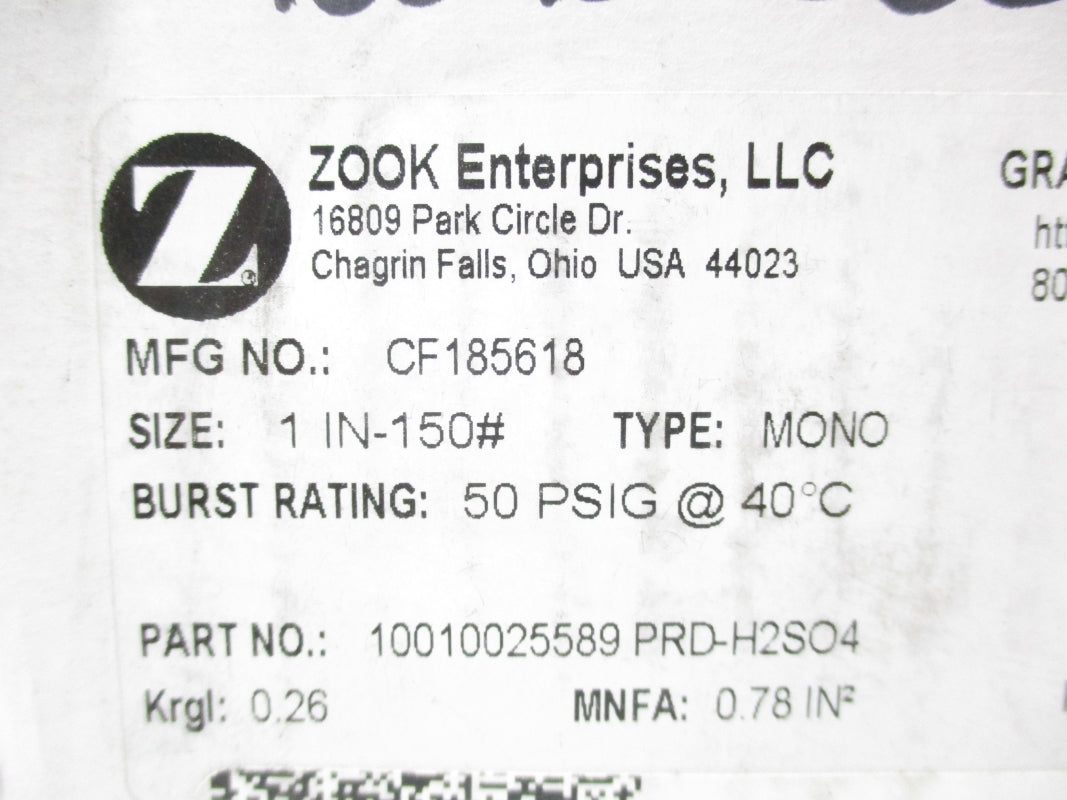 ZOOK ENTERPRISES CF185618 10010025589-PRD-H2SO4 50PSI 1" NSMP