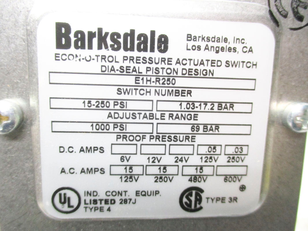 BARKSDALE E1H-R250 1000PSI 600V 15A NSMP