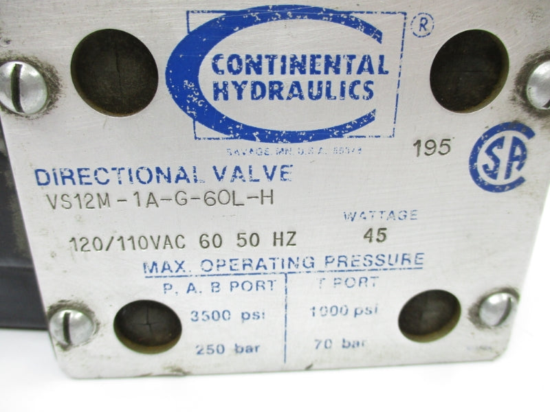 CONTINENTAL HYDRAULICS VS12M-1A-G-60L-H 120/110VAC 3500PSI UNMP