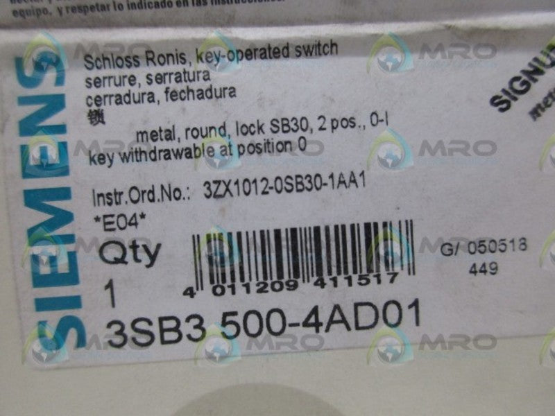 SIEMENS 3SB3-500-4AD01 KEY OPERATED SWITCH NSMP