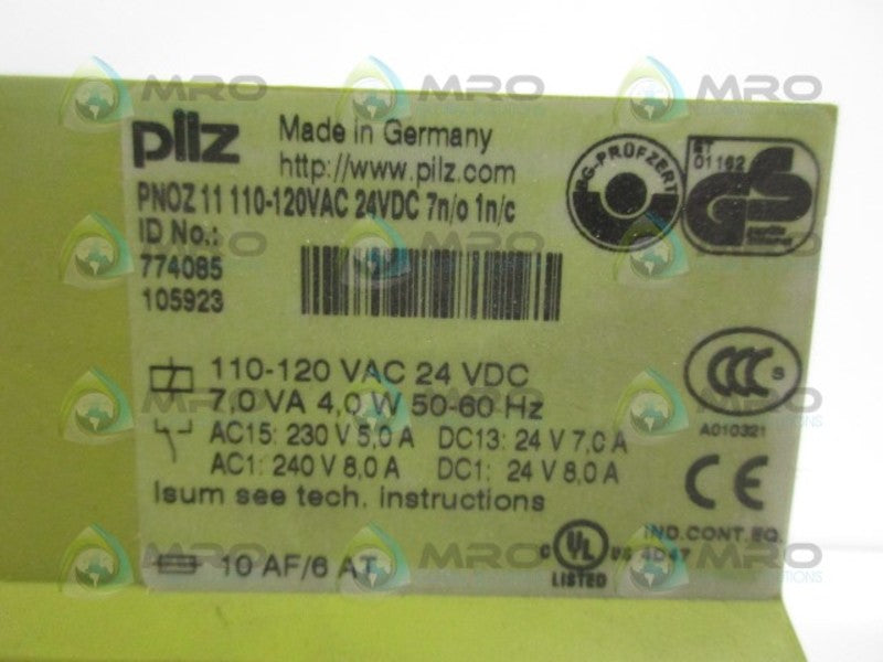 PILZ PNOZ11110-120VAC24VDC7n/o/1n/c SAFETY RELAY 110-120VAC 24VDC NSMP
