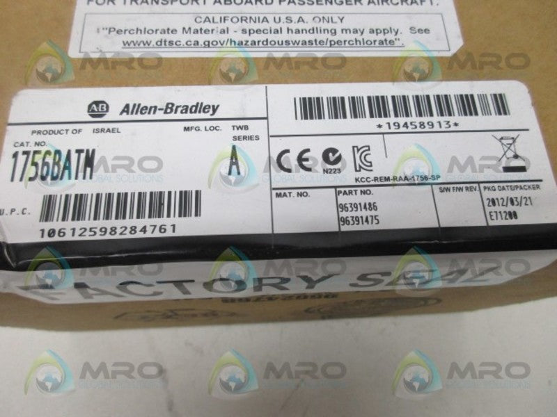 INDUSTRIAL SPARE PART CONTROLLOGIX 1756-BATM SER. A BATTERY DATE: 2012 NSFS