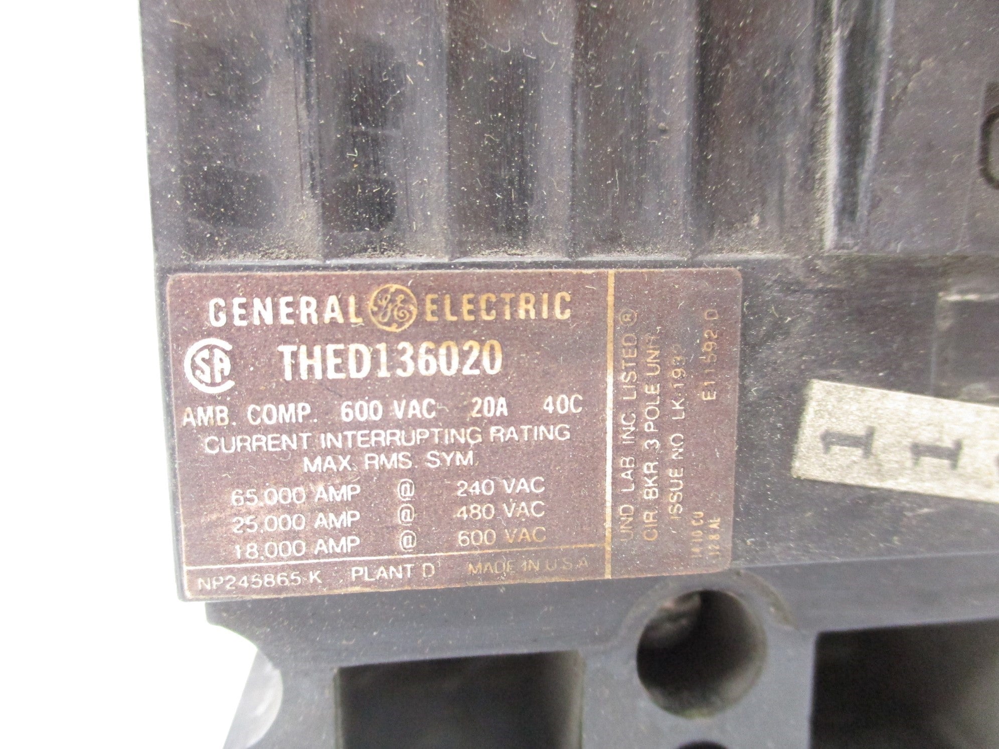GENERAL ELECTRIC THED136020 20A 600V UNMP