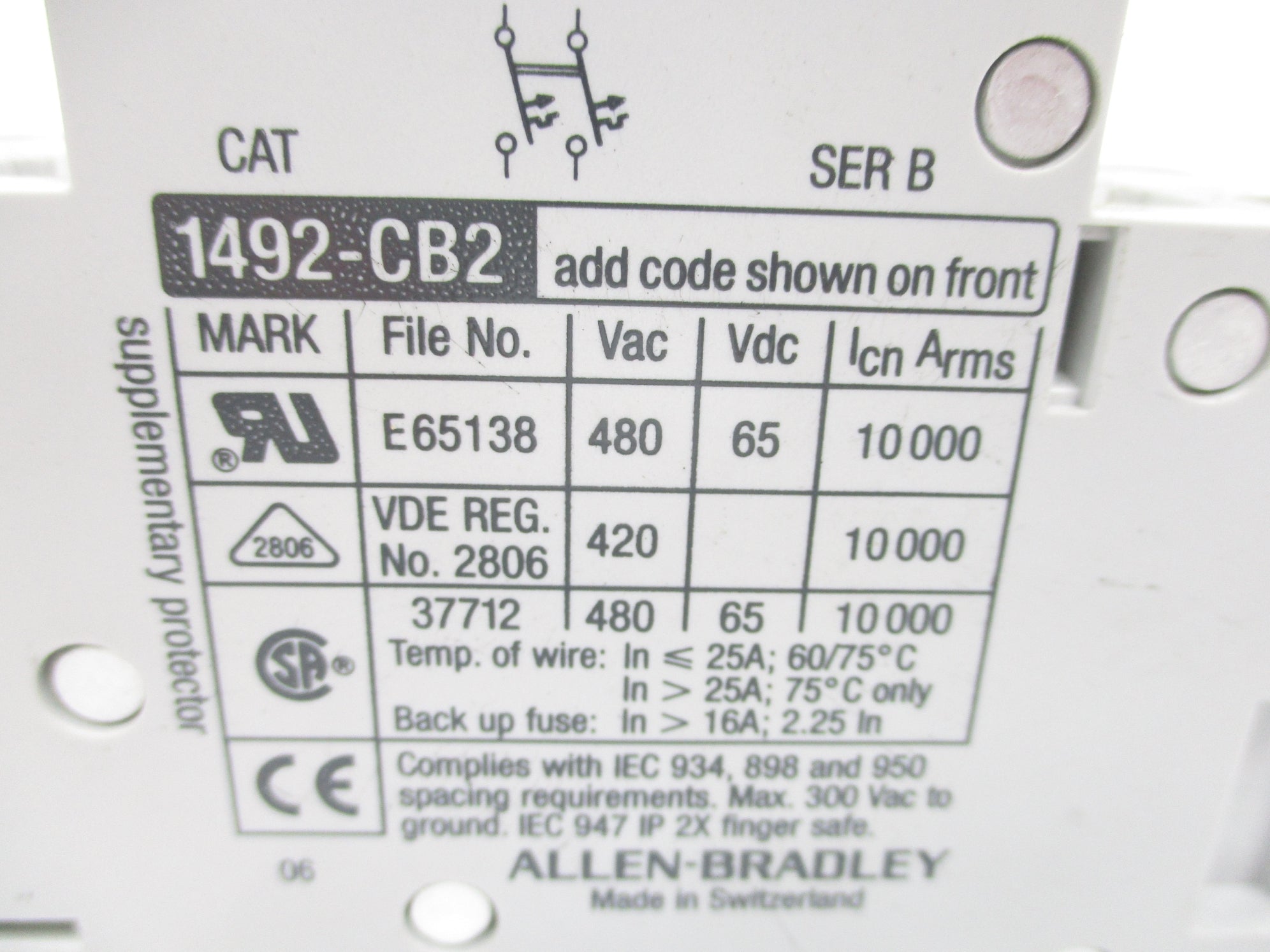 ALLEN BRADLEY 1492-CB2G100 SER. B 480VAC 10A NSNP