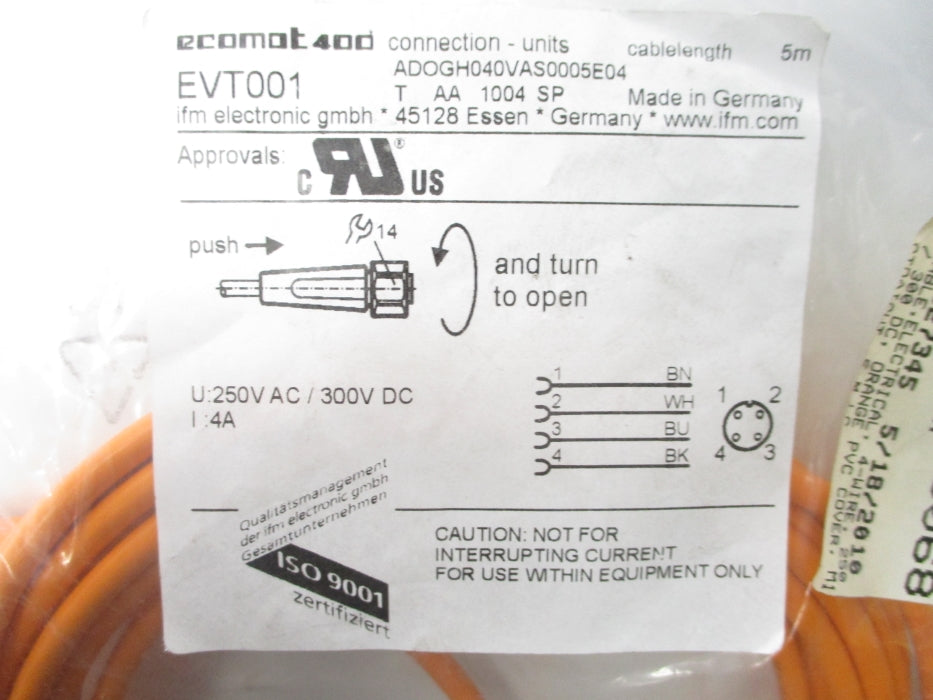 IFM EFECTOR ADOGH040VAS0005E04 EVT001 300VDC 4A 5M NSMP