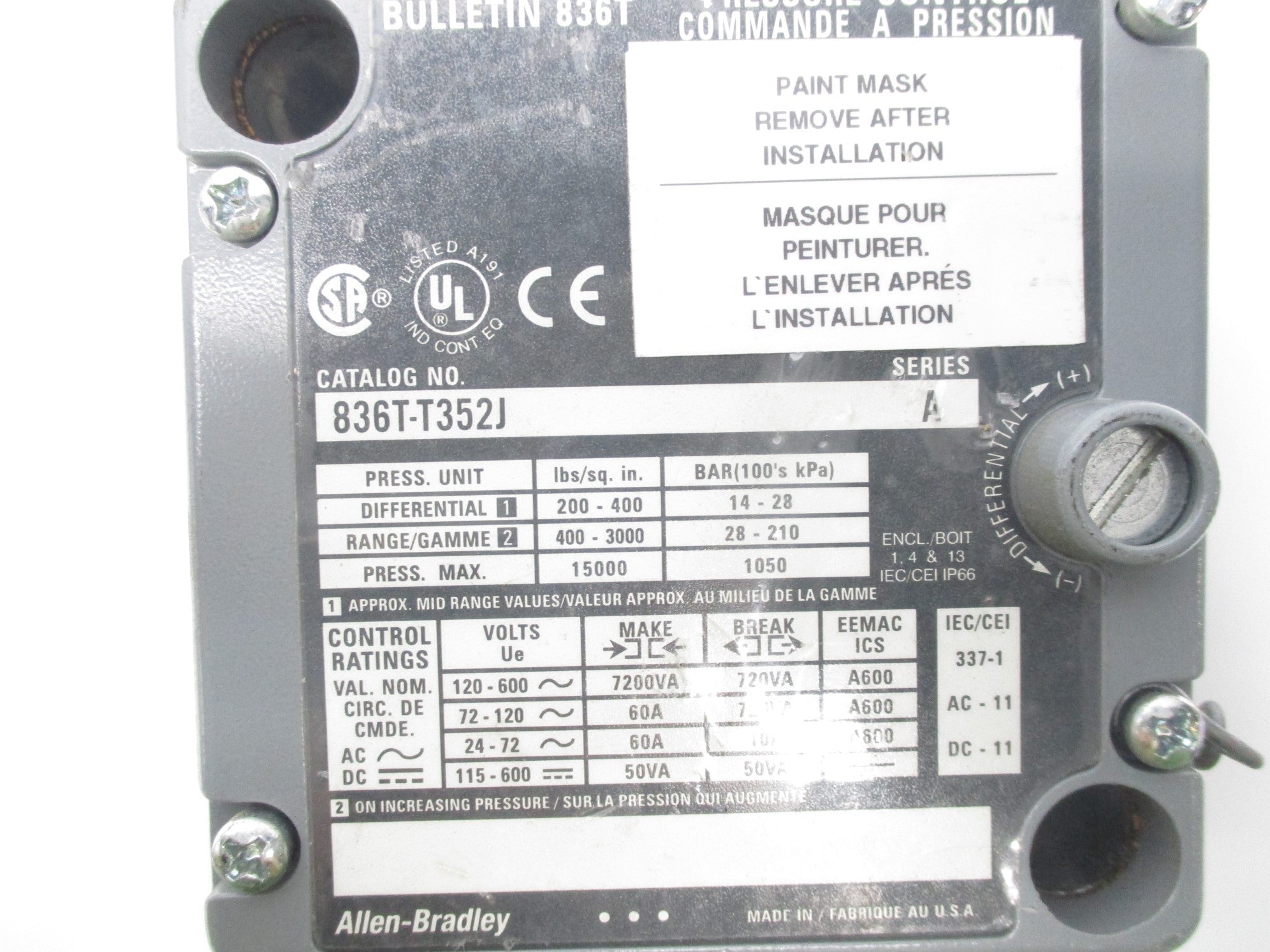 ALLEN BRADLEY 836T-T352J SER. A 120-600VAC 60A 400-3000PSI NSNP