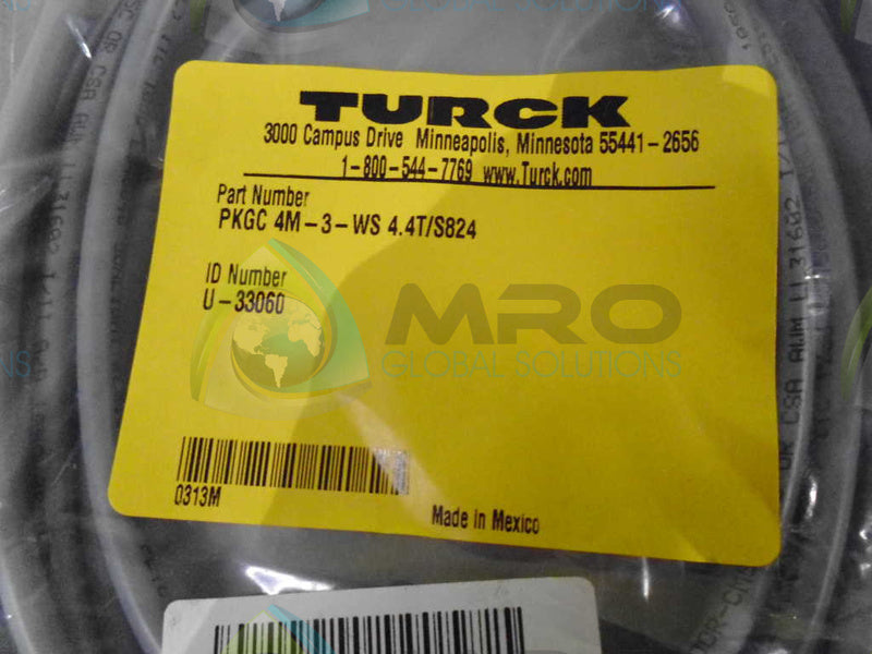 TURCK PKGC4M-3-WS4.4T/S824 CABLE CORDSET *NEW IN ORIGINAL PACKAGE*