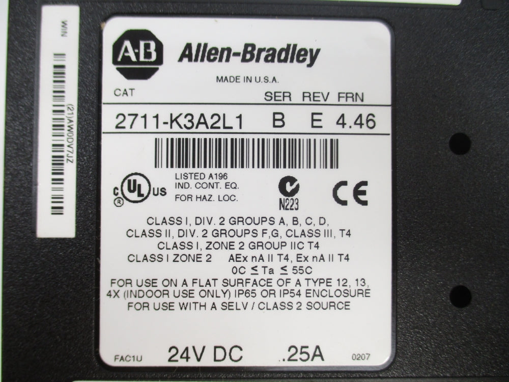 ALLEN BRADLEY 2711-K3A2L1 SER. B F/W 4.46 24VDC .25A REV. E NSNP