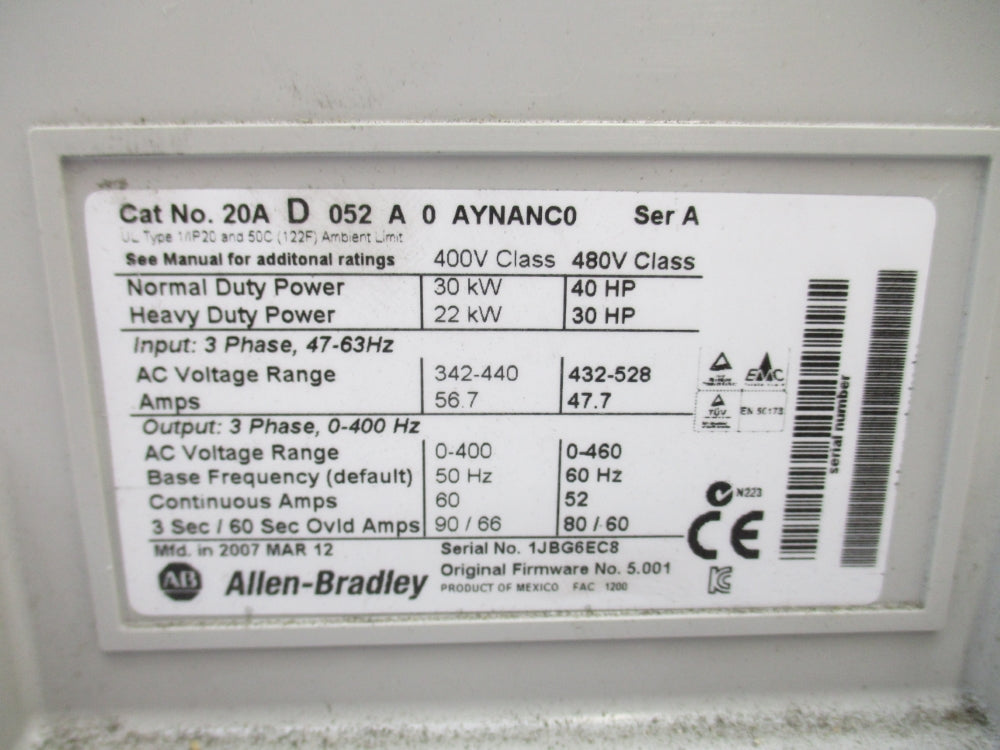 ALLEN BRADLEY 20AD052A0AYNANC0 SER. A F/W 5.001 432-528VAC 47.7A REMAN