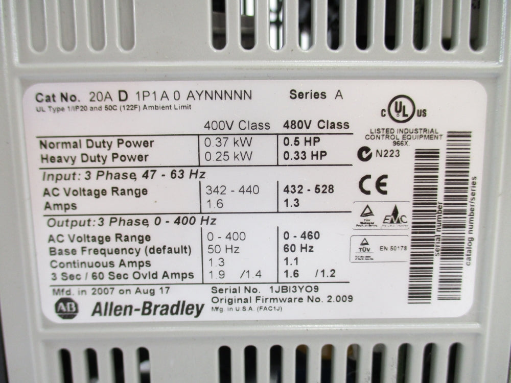 ALLEN BRADLEY 20AD1P1A0AYNNNNN SER. A F/W 2.009 432-528VAC 1.3A NSMP