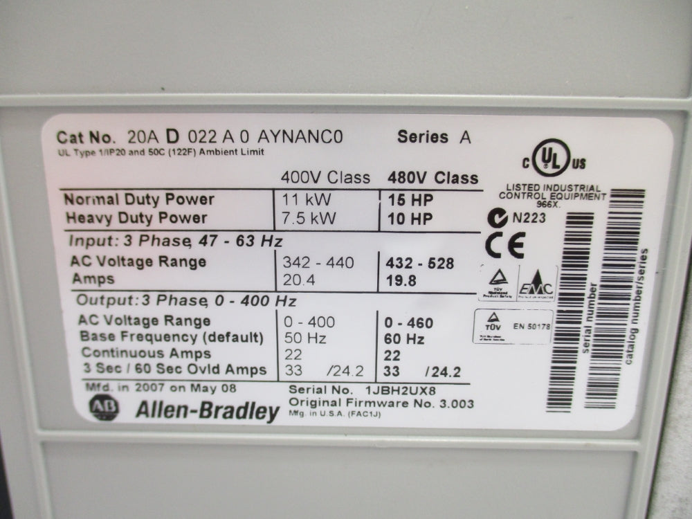 ALLEN BRADLEY 20AD022A0AYNANC0 SER. A F/W 3.003 432-528VAC 19.8A NSMP
