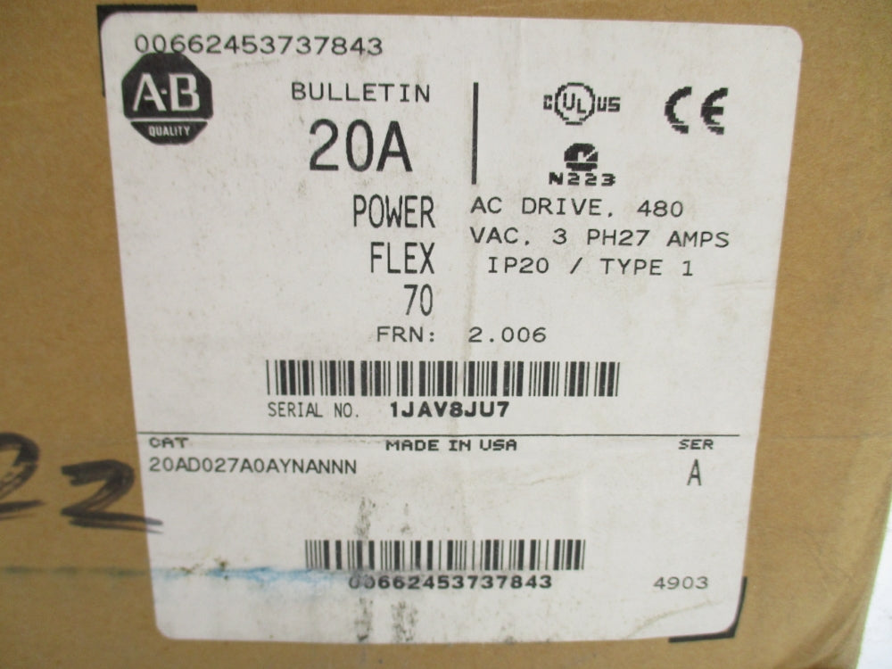ALLEN BRADLEY 20AD027A0AYNANNN SER. A F/W 2.006 480VAC 27A NSFS