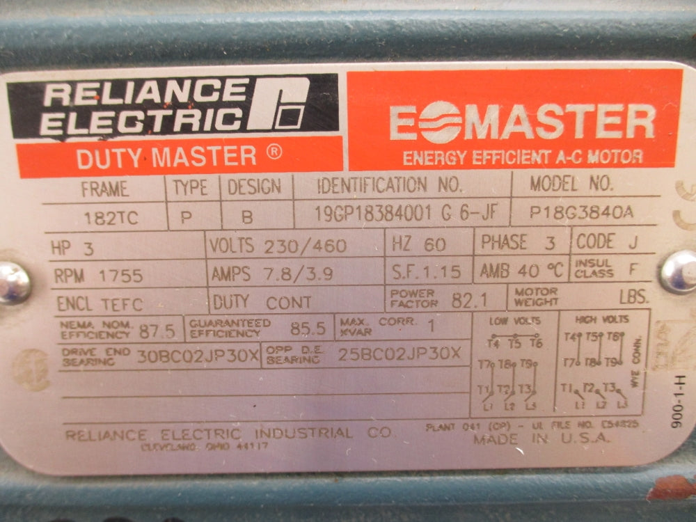 RELIANCE ELECTRIC P18G3840A 230/460V 7.8/.3.9A NSNP