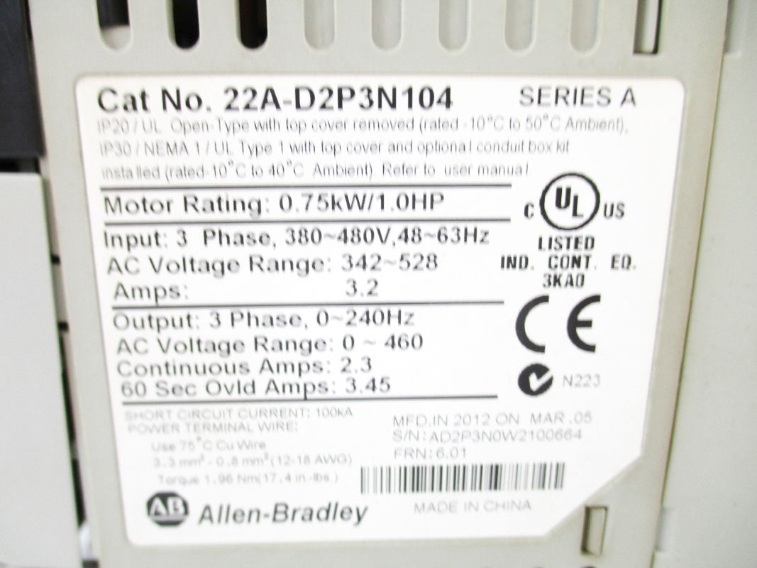 ALLEN BRADLEY 22A-D2P3N104 SER. A F/W 6.01 342-528VAC 3.2A UNMP