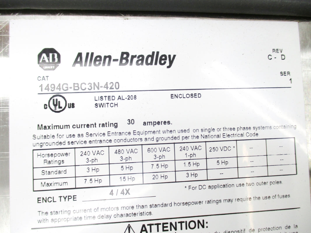 ALLEN BRADLEY 1494G-BC3N-420 SER. 1 600VAC 30A NSNP