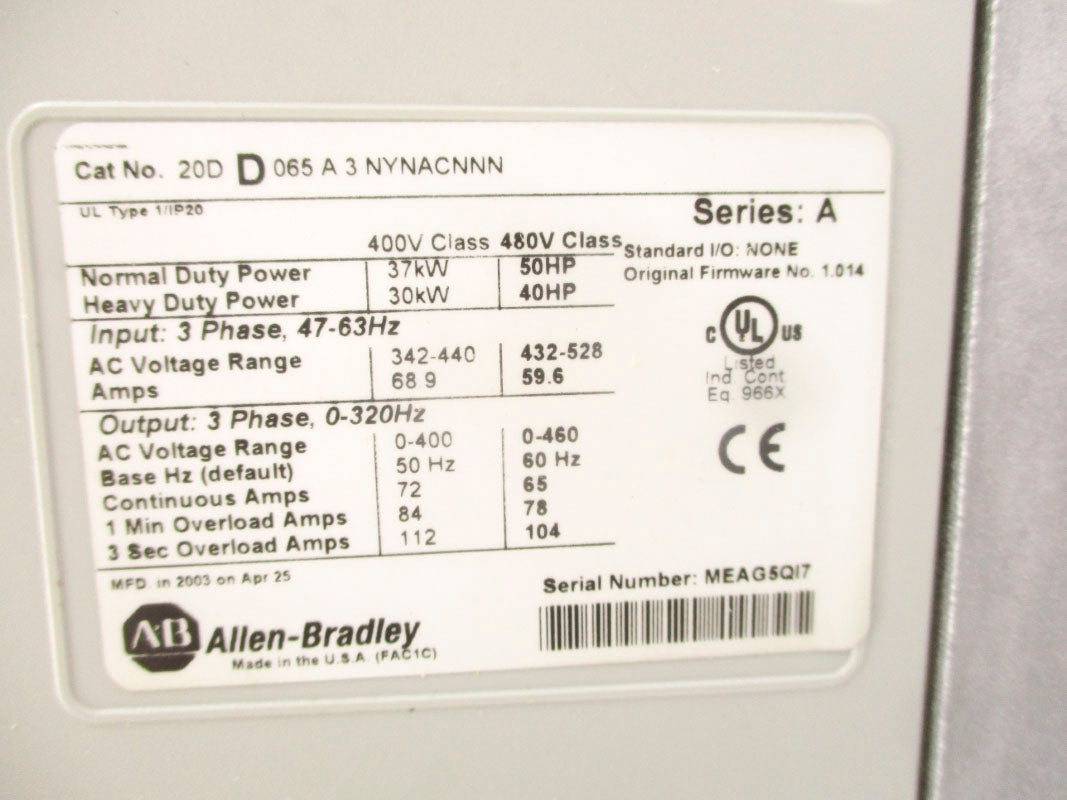 ALLEN BRADLEY 20DD065A3NYNACNNN SER. A F/W 1.014 460V REMAN