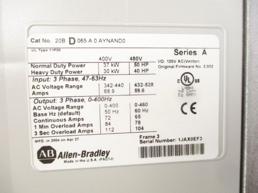 ALLEN BRADLEY 20BD065A0AYNAND0 SER. A F/W 3.002 432-528VAC 59.6A NSMP