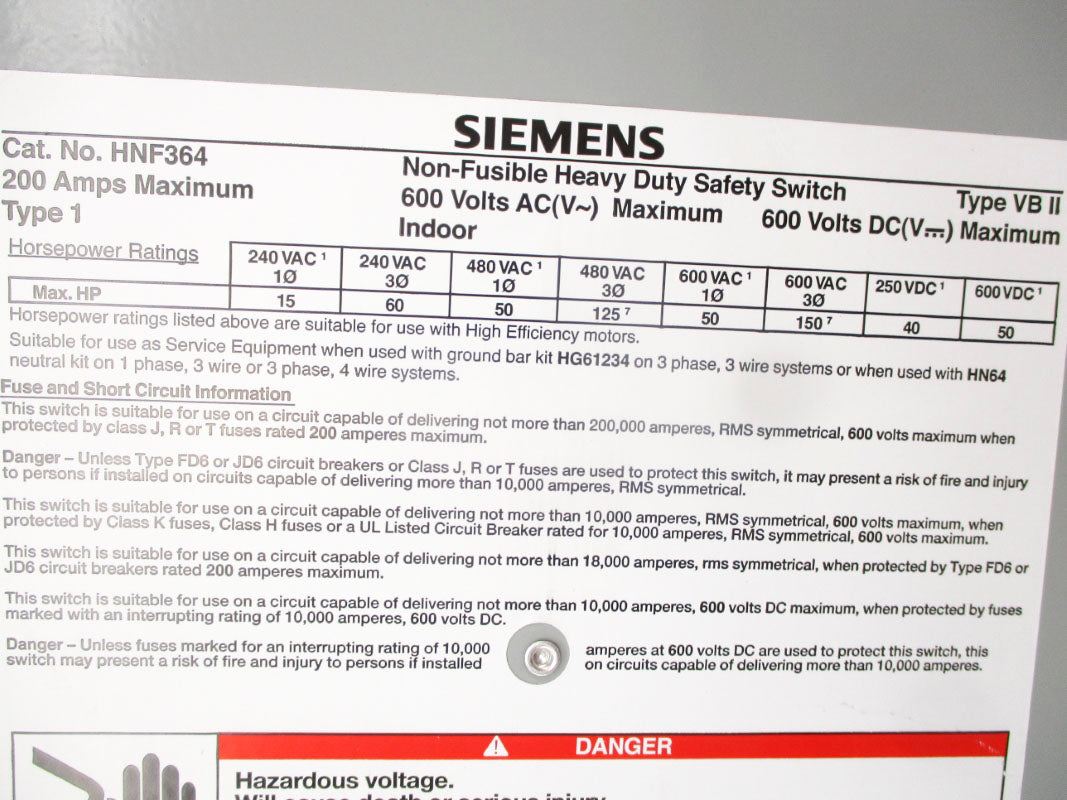 SIEMENS HNF364 600VAC/DC 200A UNMP
