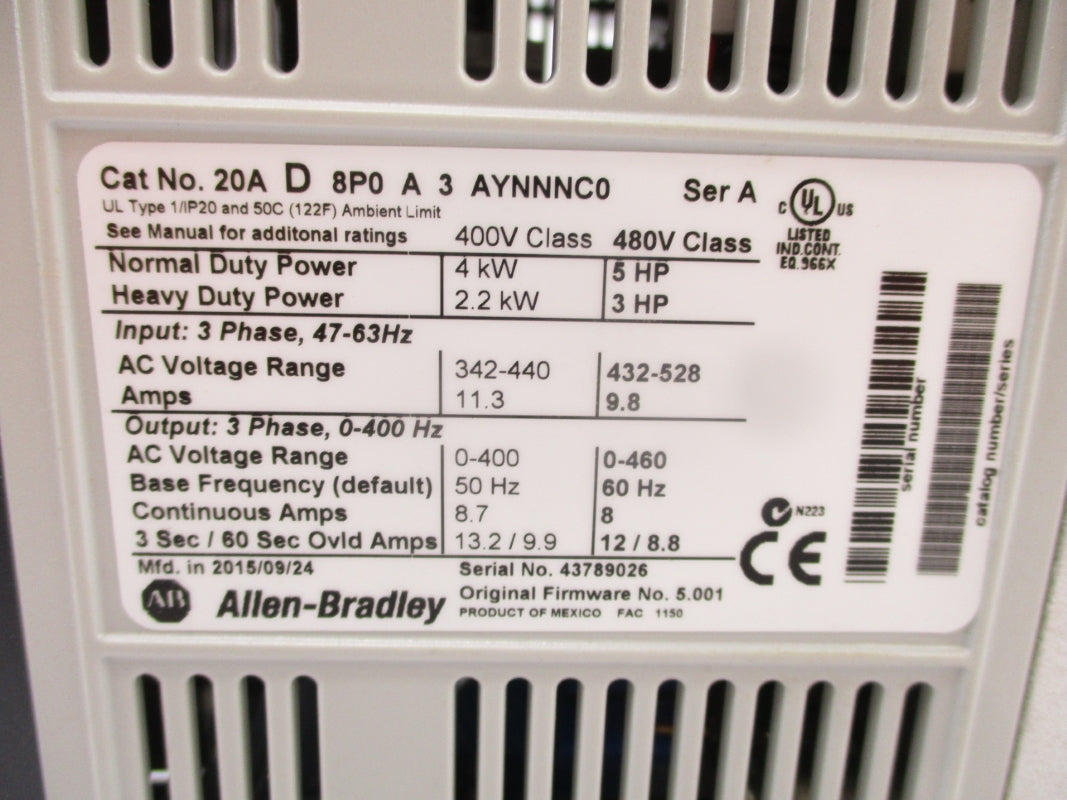 ALLEN BRADLEY 20AD8P0A3AYNNNC0 SER. A F/W 5.001 432-528VAC 9.8A NSMP