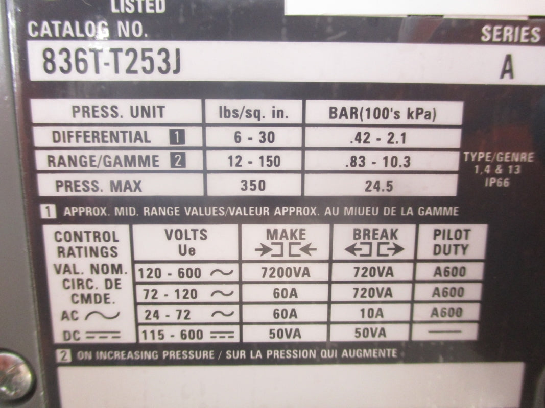 ALLEN BRADLEY 836T-T253J SER. A 120-600VAC 60A 12-150PSI (BR/WH) NSMP