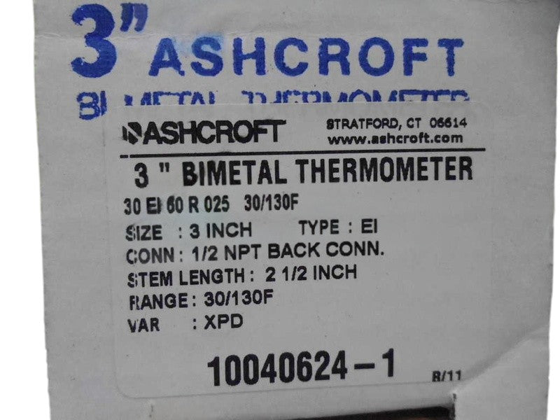 ASHCROFT 30EI60R025-30/130F BIMETAL THERMOMETER 2-1/2" STEM NSMP