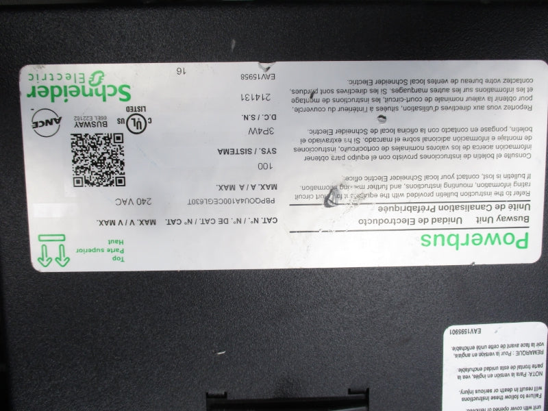 SCHNEIDER ELECTRIC PBPQOU4A100CEGL630T 240VAC 100A NSNP